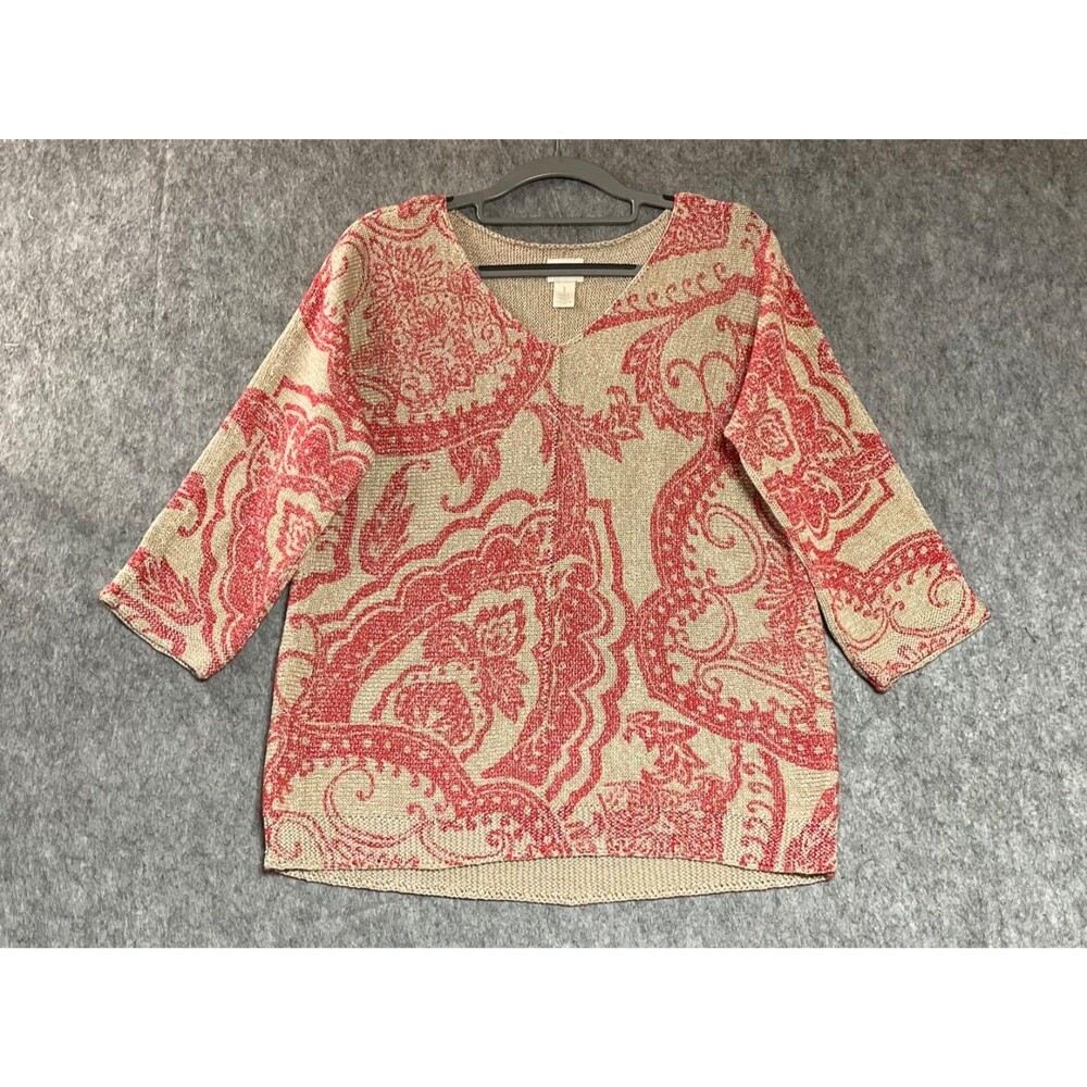 Chicos Sweater Womens 1 Medium Red Paisley Knit V Neck Pullover Cottage Boho